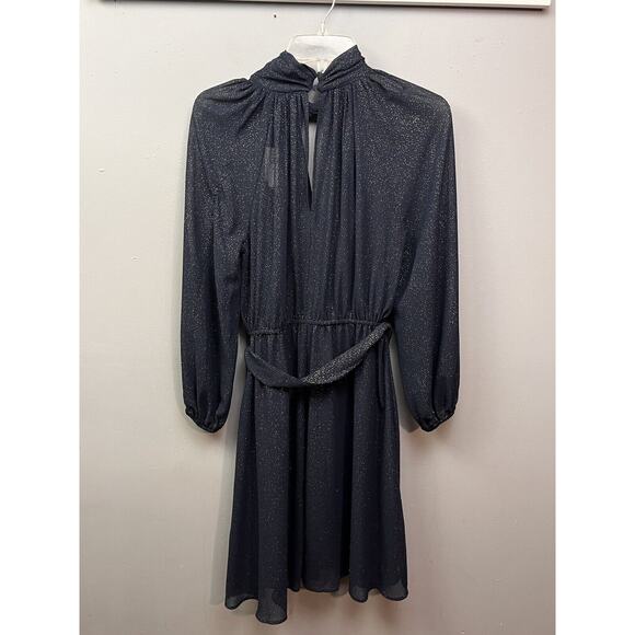 Banana Republic Twist Neck Metallic Dress Womens SP Petite Blue Gold‎ Sheer NEW - Picture 2 of 11